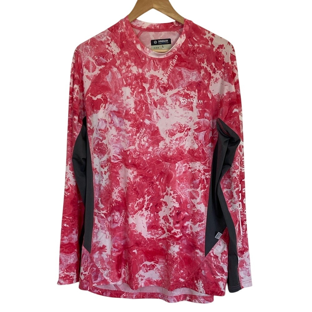 Magellan Womens Fishing Top Size Large Boyfriend Fit Pink Grey Long Sleeve